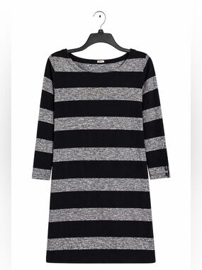 J.Crew Striped Knit Shift Dress Women’s Medium Black Gray Boatneck 3/4 Sleeve
